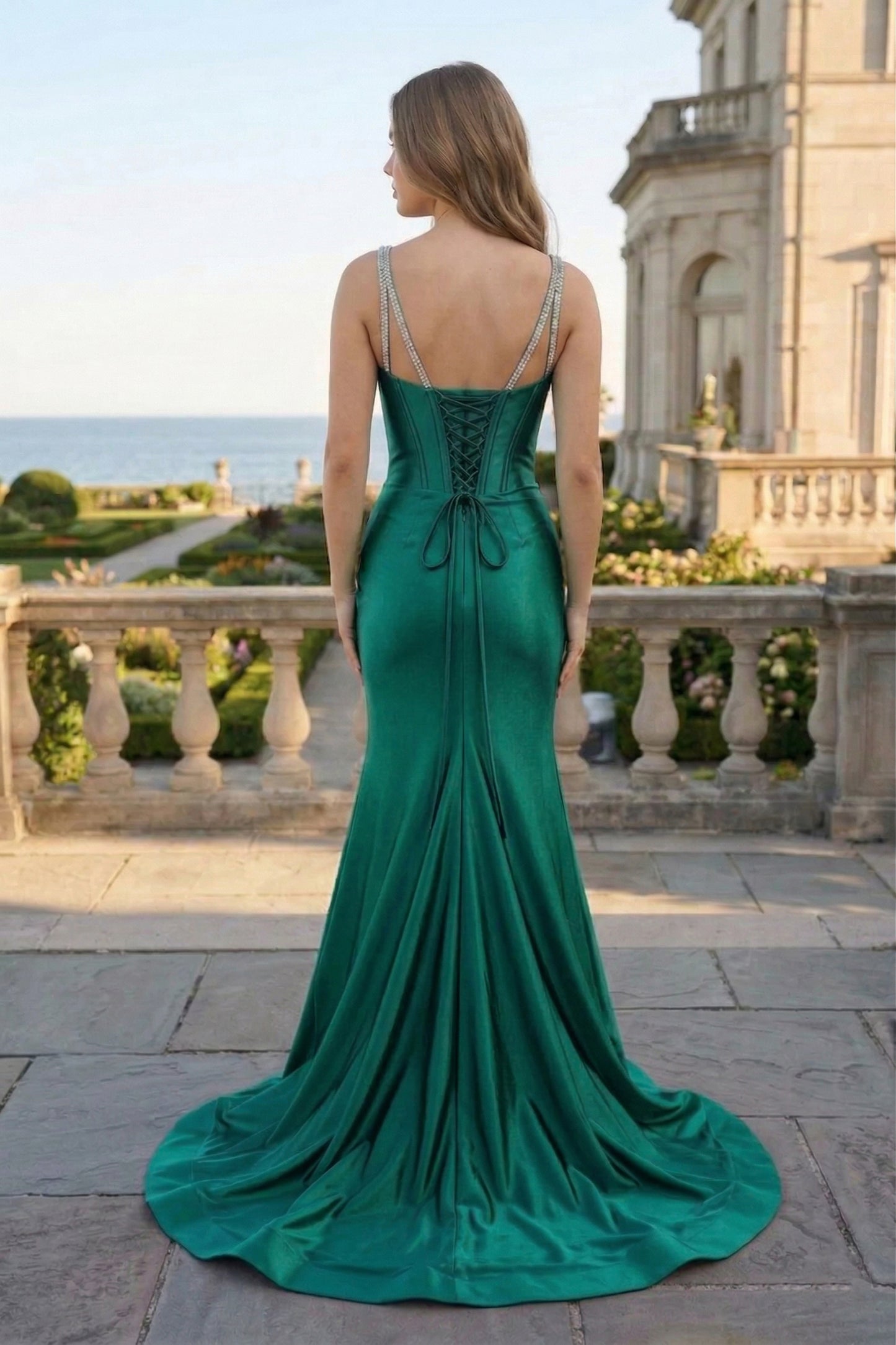 Crystal Strap Corset Mermaid Satin Prom Dress with Sweep Train | Sevoba