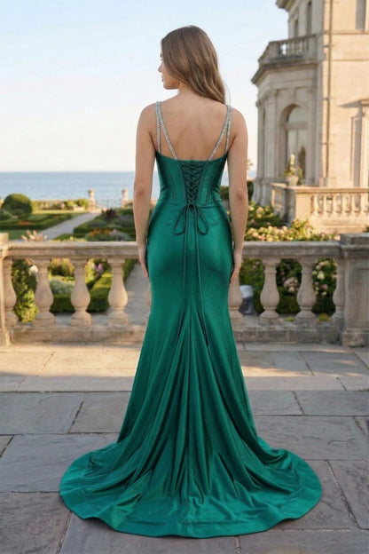 Crystal Strap Corset Mermaid Satin Prom Dress with Sweep Train | Sevoba