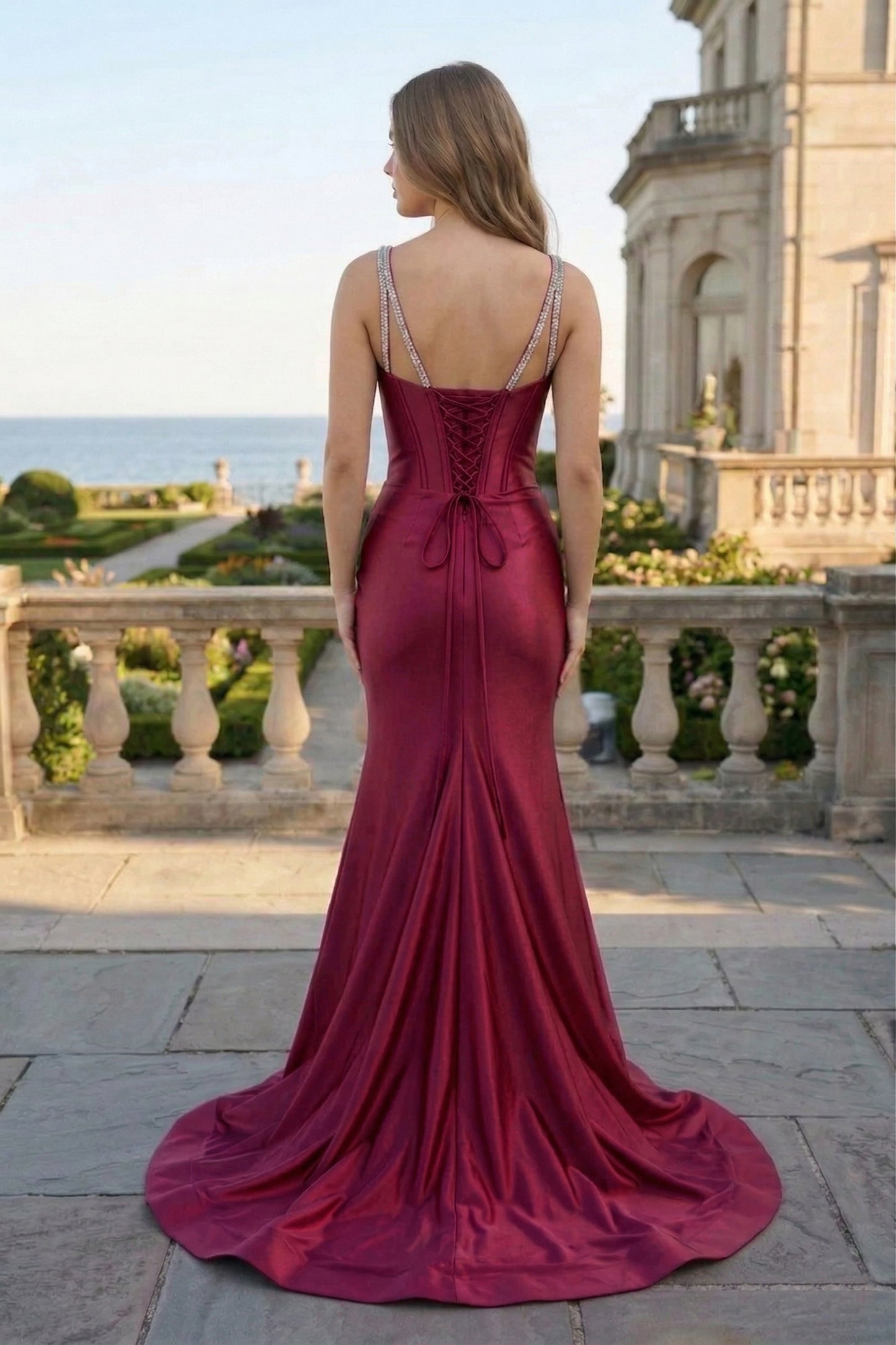 Crystal Strap Corset Mermaid Satin Prom Dress with Sweep Train | Sevoba