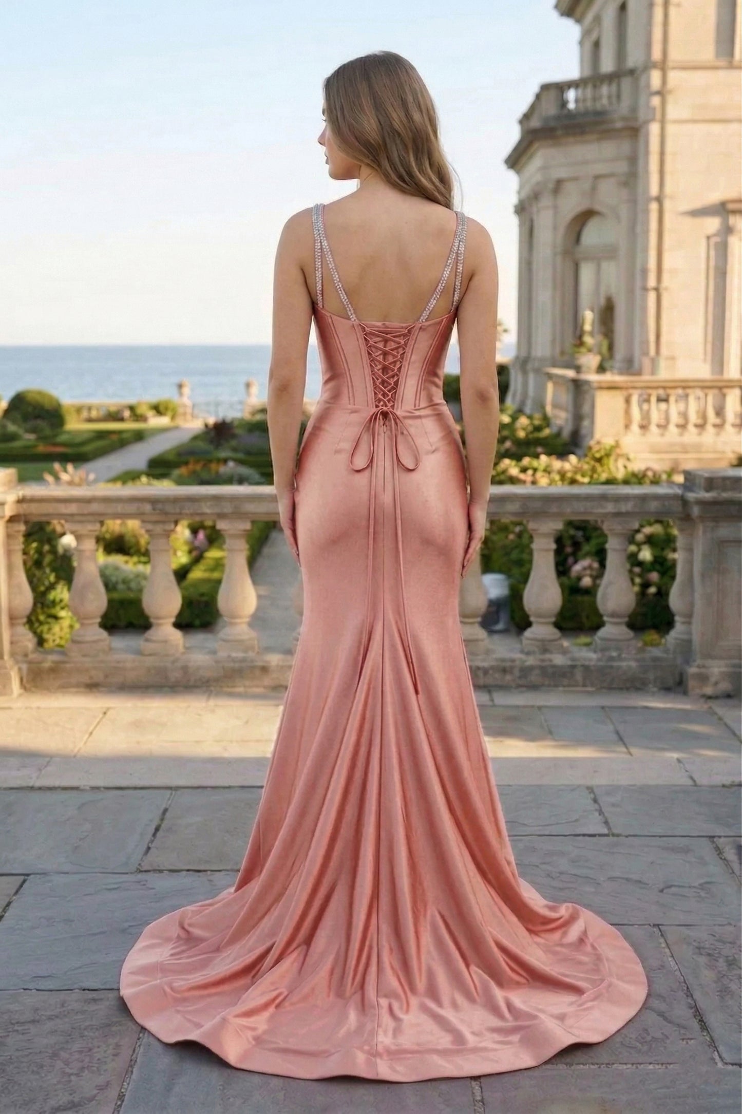 Crystal Strap Corset Mermaid Satin Prom Dress with Sweep Train | Sevoba