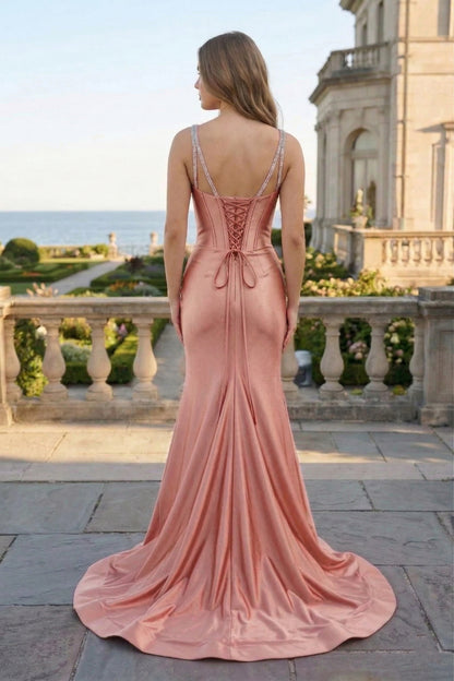 Crystal Strap Corset Mermaid Satin Prom Dress with Sweep Train | Sevoba