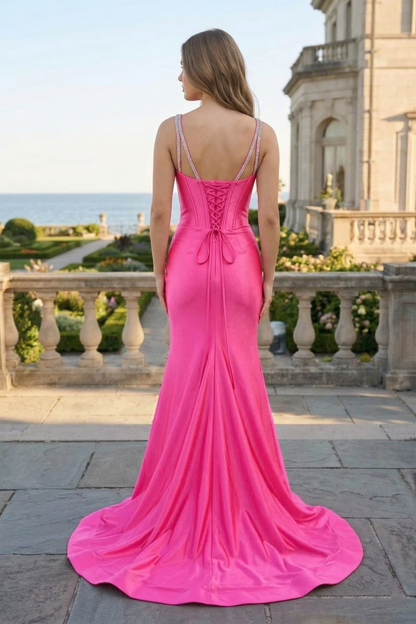 Crystal Strap Corset Mermaid Satin Prom Dress with Sweep Train | Sevoba