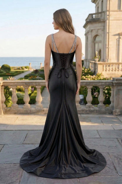 Crystal Strap Corset Mermaid Satin Prom Dress with Sweep Train | Sevoba