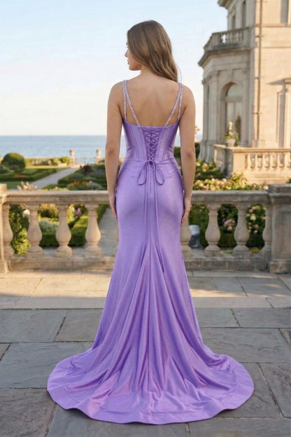 Crystal Strap Corset Mermaid Satin Prom Dress with Sweep Train | Sevoba