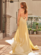 Quaylee | Yellow Mermaid V-Neck Satin Prom Dresses With Tail Evening Dress