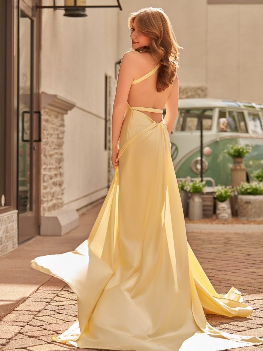 Quaylee | Yellow Mermaid V-Neck Satin Prom Dresses With Tail Evening Dress