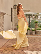 Quaylee | Yellow Mermaid V-Neck Satin Prom Dresses With Tail Evening Dress