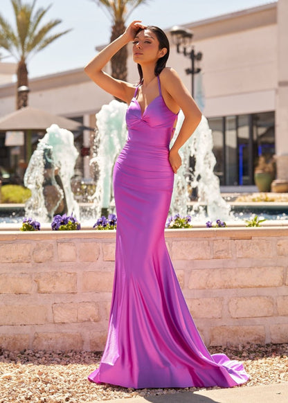 Sarai |Mermaid V-Neck Jersey Formal Dress with Lace-Up Back