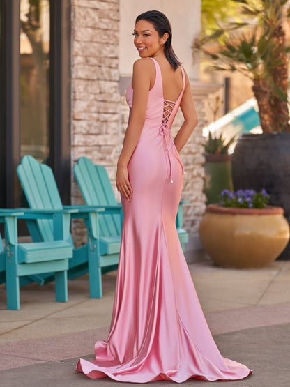Ixia | V Neck Pink Satin Mermaid Sleeveless Long Prom Dress