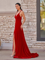 Rylan| Red Velvet Plunge V Cross Back A-Line Long Formal Dress