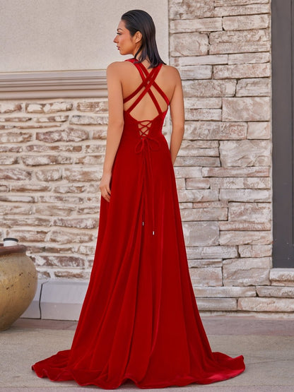 Sevoba | Red Velvet Plunge V Cross Back A-Line Long Formal Dress