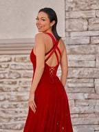 Rylan| Red Velvet Plunge V Cross Back A-Line Long Formal Dress