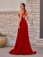 Rylan| Red Velvet Plunge V Cross Back A-Line Long Formal Dress