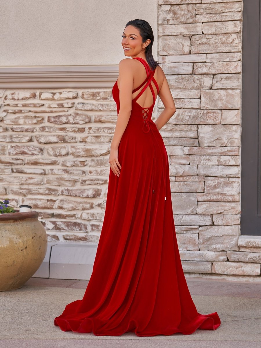 Rylan| Red Velvet Plunge V Cross Back A-Line Long Formal Dress