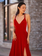 Rylan| Red Velvet Plunge V Cross Back A-Line Long Formal Dress