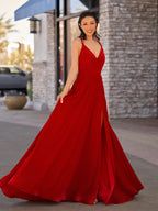 Rylan| Red Velvet Plunge V Cross Back A-Line Long Formal Dress