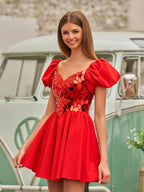 Sevoba | A-Line Short Red Cut-Glass Sweetheartg Dress