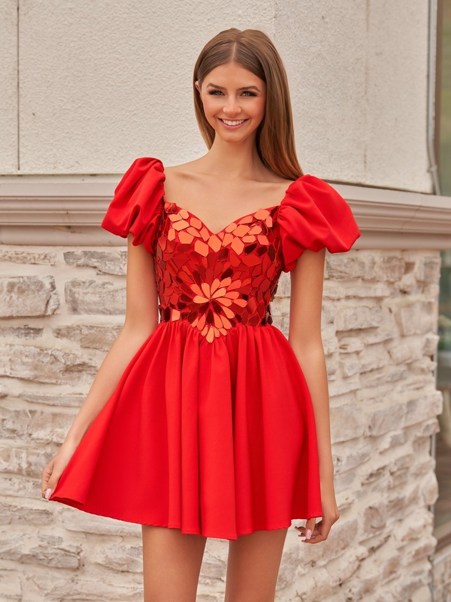 Sevoba | A-Line Short Red Cut-Glass Sweetheartg Dress