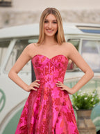 Pixie | Cute A Line Strapless Red Jacquard Satin Prom Dress