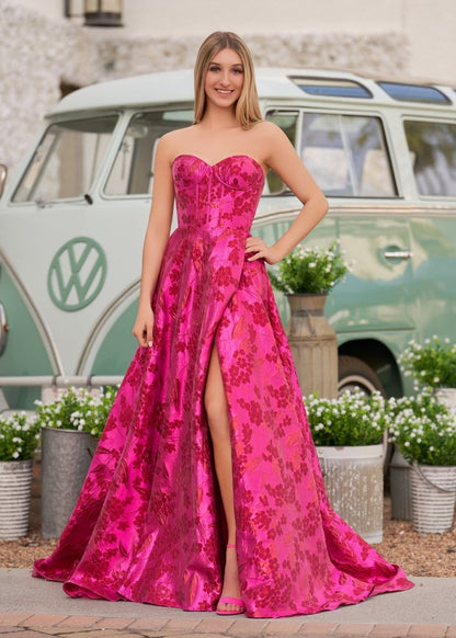 Pixie | Cute A Line Strapless Red Jacquard Satin Prom Dress