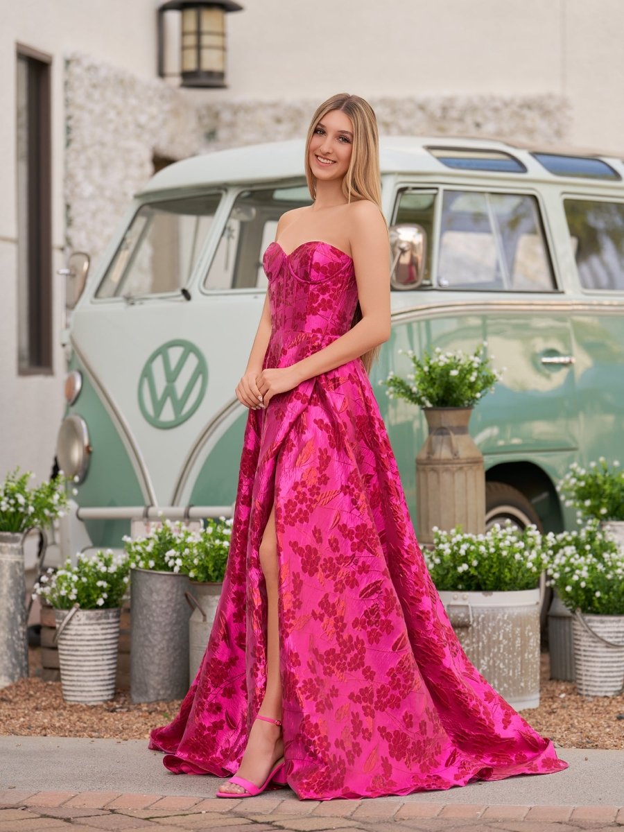 Pixie | Cute A Line Strapless Red Jacquard Satin Prom Dress