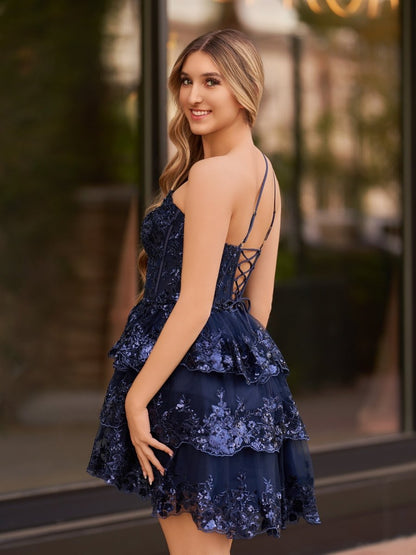 A Line One Shoulder Navy Tiered Lace Short Homecoming Dress