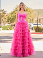 Rozara | Fuchsia A-Line Sweetheart Keyhole Tiered Tulle Long Prom Dresses