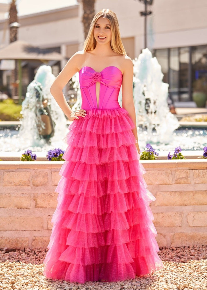 Rozara | Fuchsia A-Line Sweetheart Keyhole Tiered Tulle Long Prom Dresses