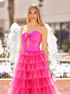 Rozara | Fuchsia A-Line Sweetheart Keyhole Tiered Tulle Long Prom Dresses