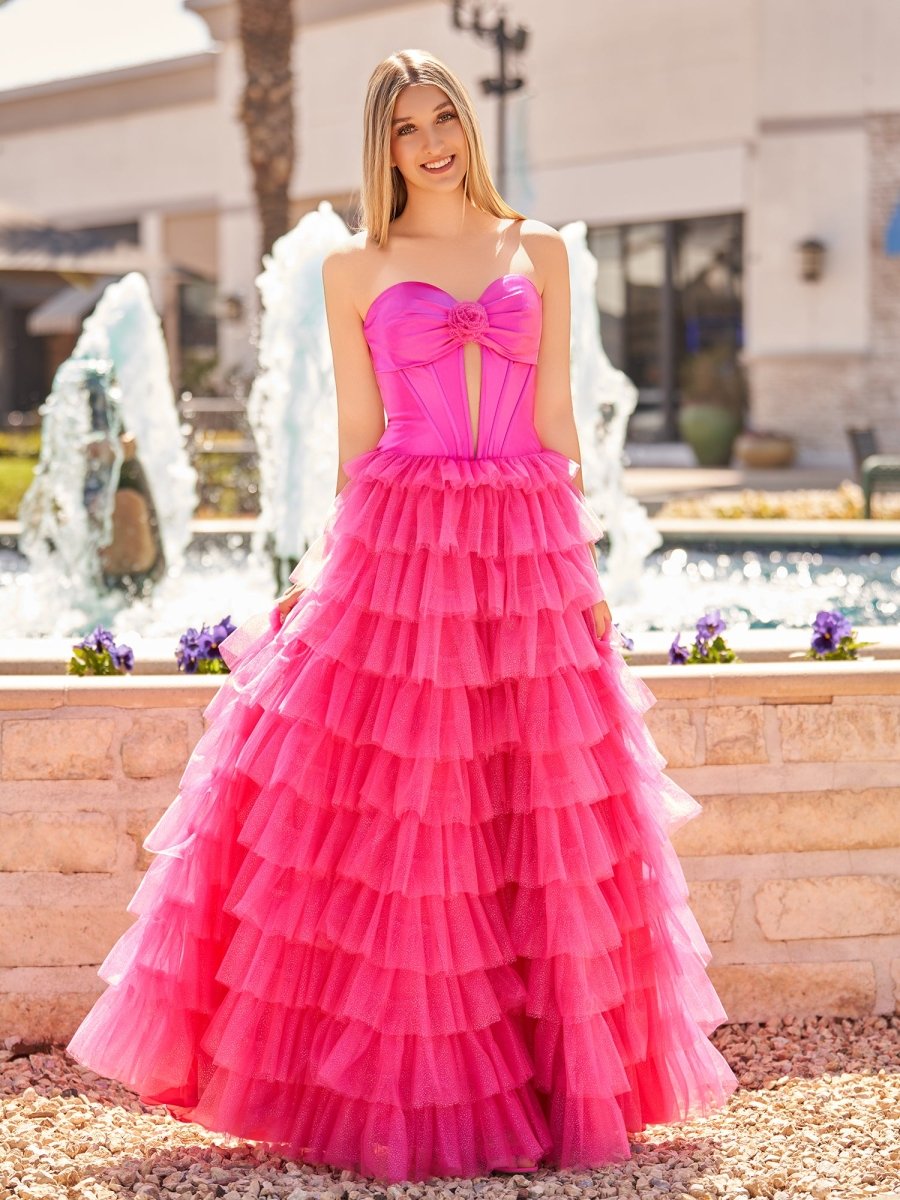 Rozara | Fuchsia A-Line Sweetheart Keyhole Tiered Tulle Long Prom Dresses