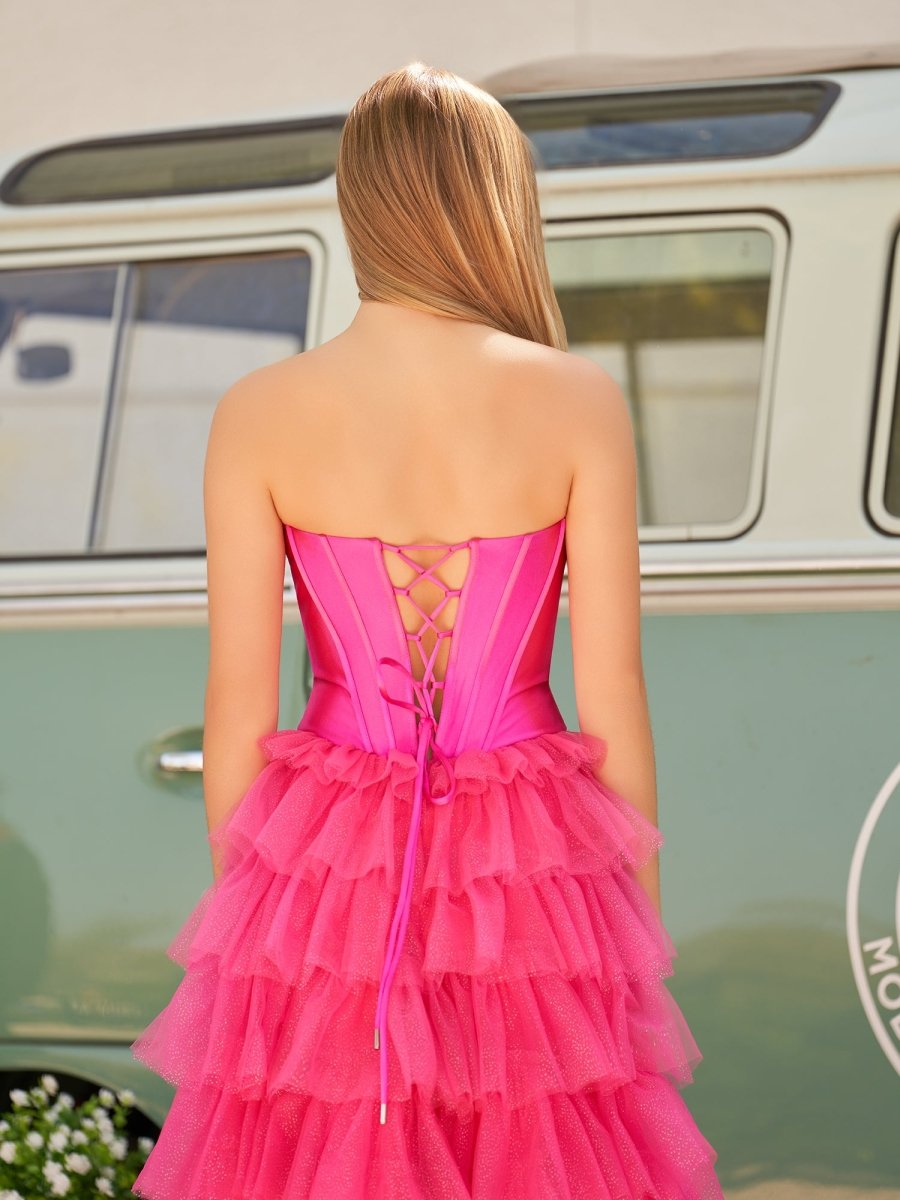 Rozara | Fuchsia A-Line Sweetheart Keyhole Tiered Tulle Long Prom Dresses