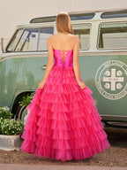 Rozara | Fuchsia A-Line Sweetheart Keyhole Tiered Tulle Long Prom Dresses