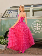 Rozara | Fuchsia A-Line Sweetheart Keyhole Tiered Tulle Long Prom Dresses