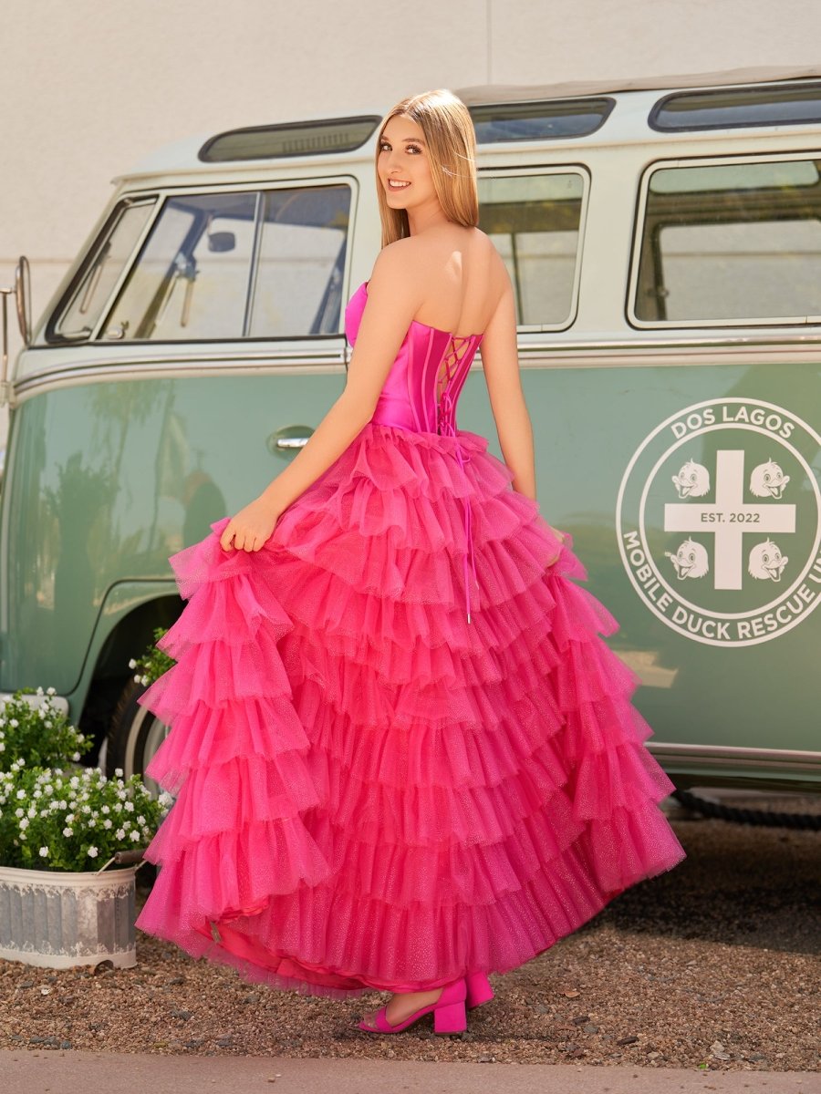 Rozara | Fuchsia A-Line Sweetheart Keyhole Tiered Tulle Long Prom Dresses