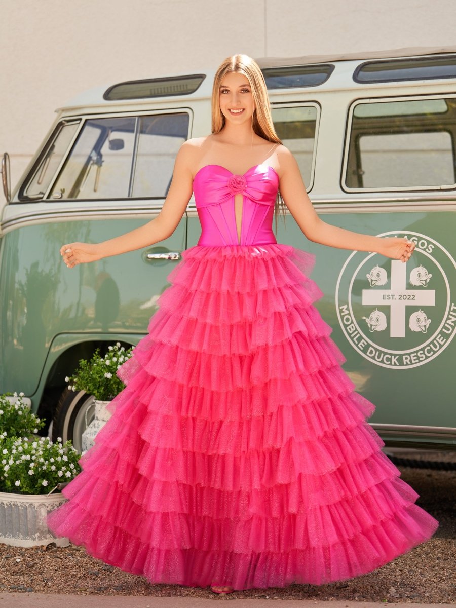 Rozara | Fuchsia A-Line Sweetheart Keyhole Tiered Tulle Long Prom Dresses