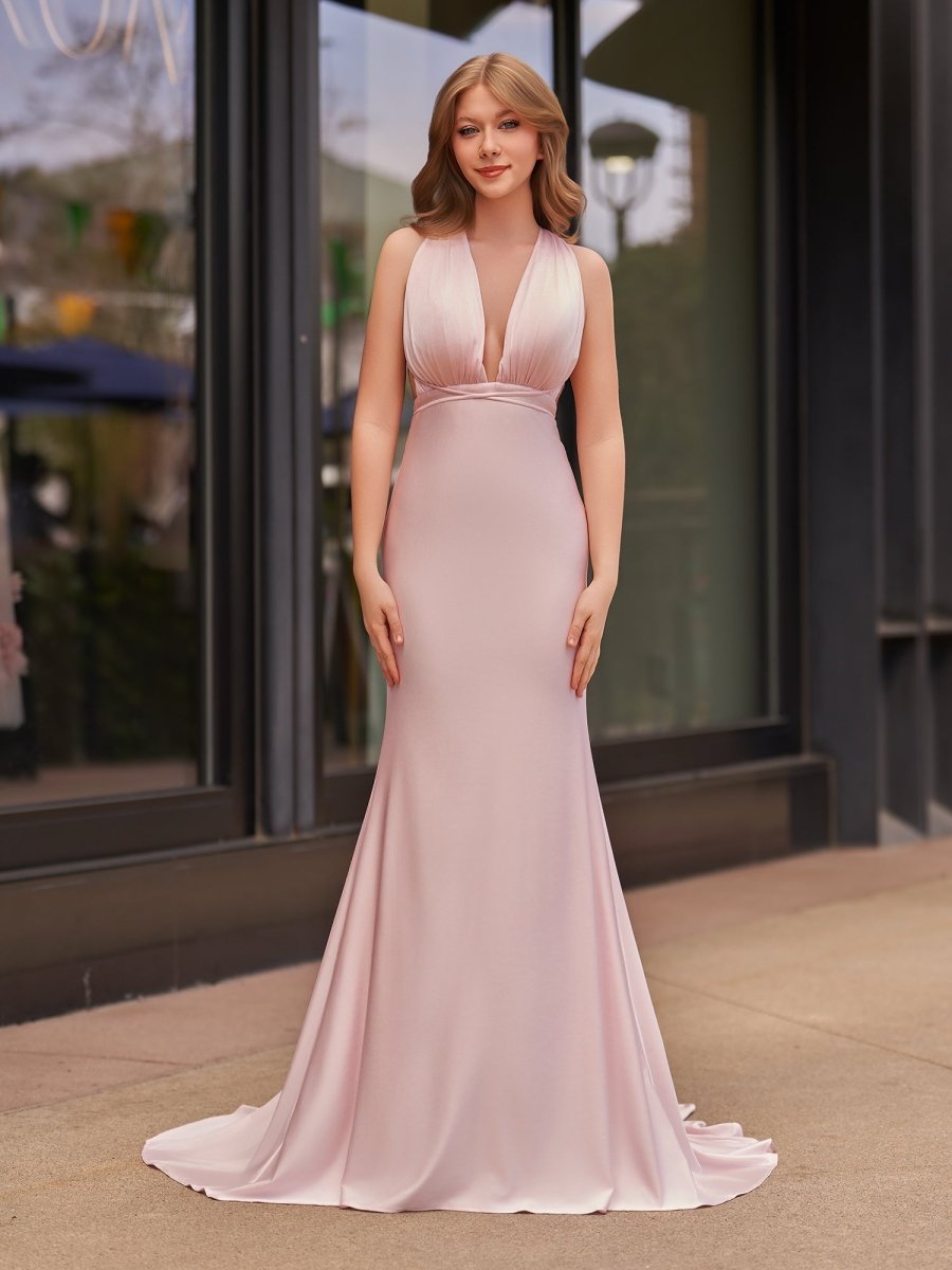 Helaina | Plunge Neck Light Pink Mermaid Satin Long Prom Dress