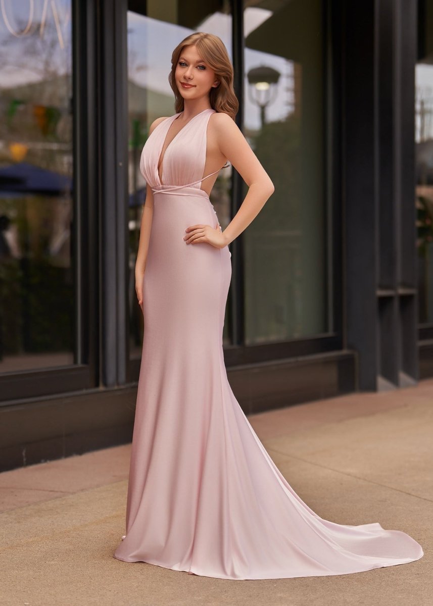 Helaina | Plunge Neck Light Pink Mermaid Satin Long Prom Dress