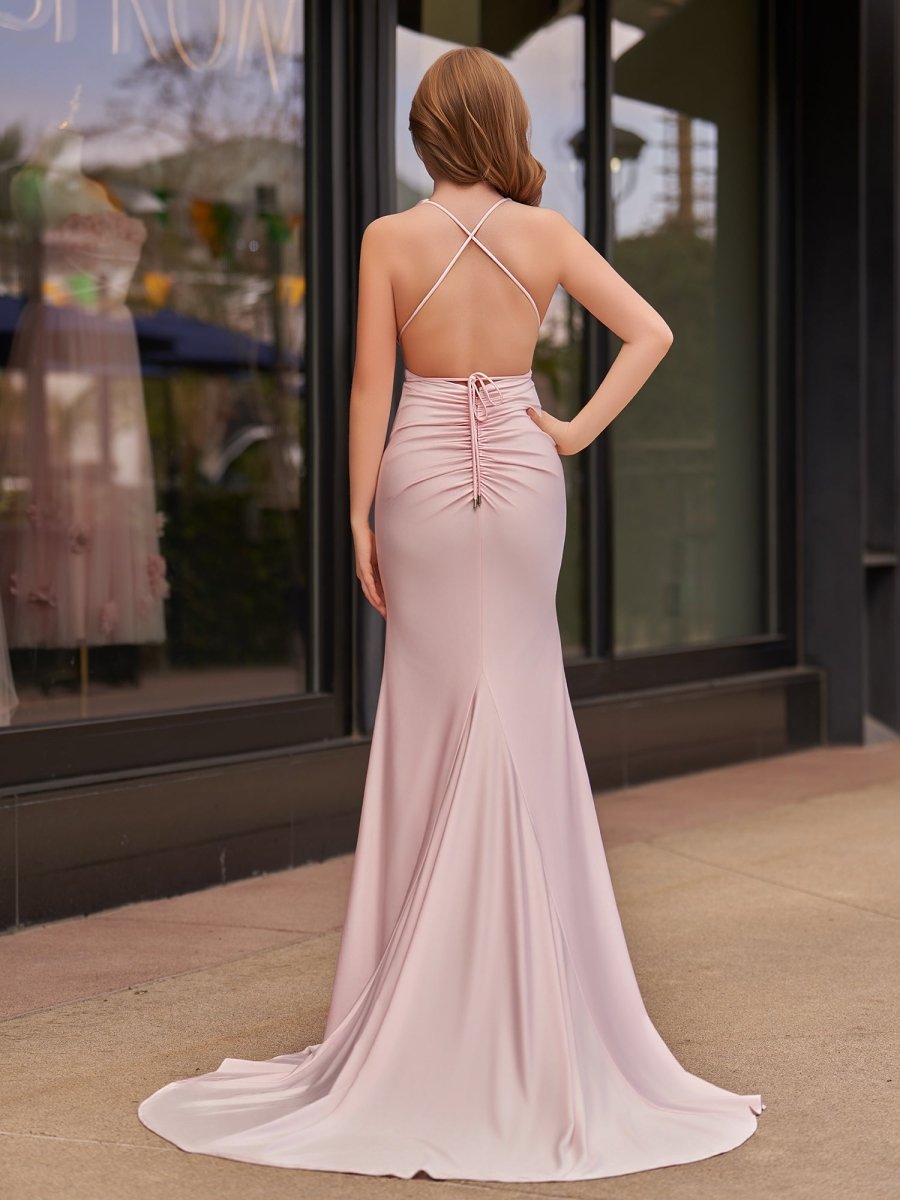 Helaina | Plunge Neck Light Pink Mermaid Satin Long Prom Dress