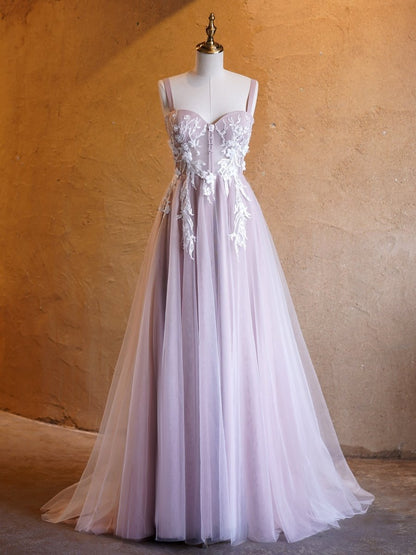 Sevoba|Lavender A-line Sweetheart Neckline Tulle Sweep Train Prom Dress