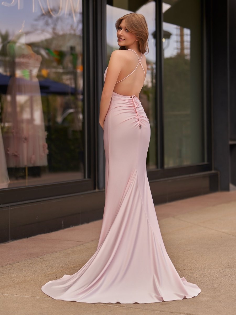 Helaina | Plunge Neck Light Pink Mermaid Satin Long Prom Dress