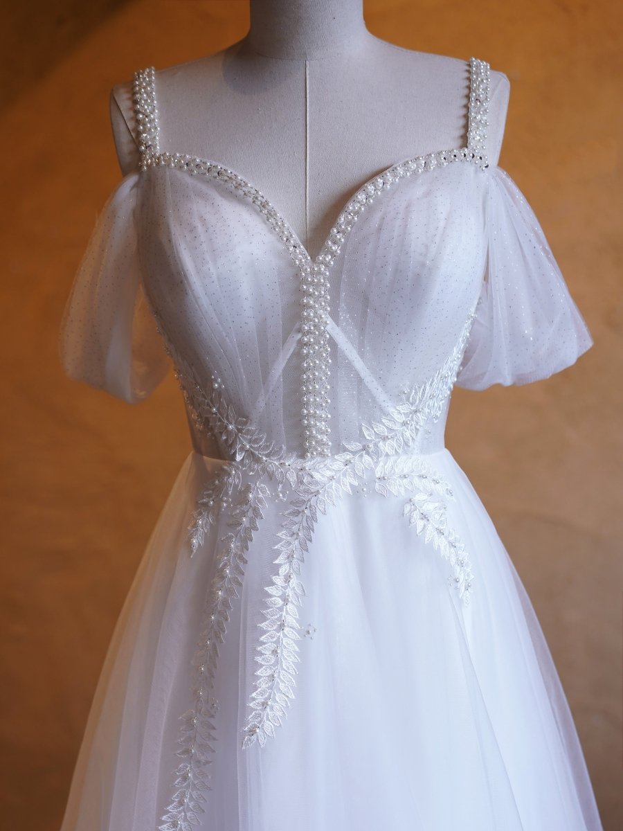 Sevoba|V-neck Pearl Embellished Floor Length Prom Dresses