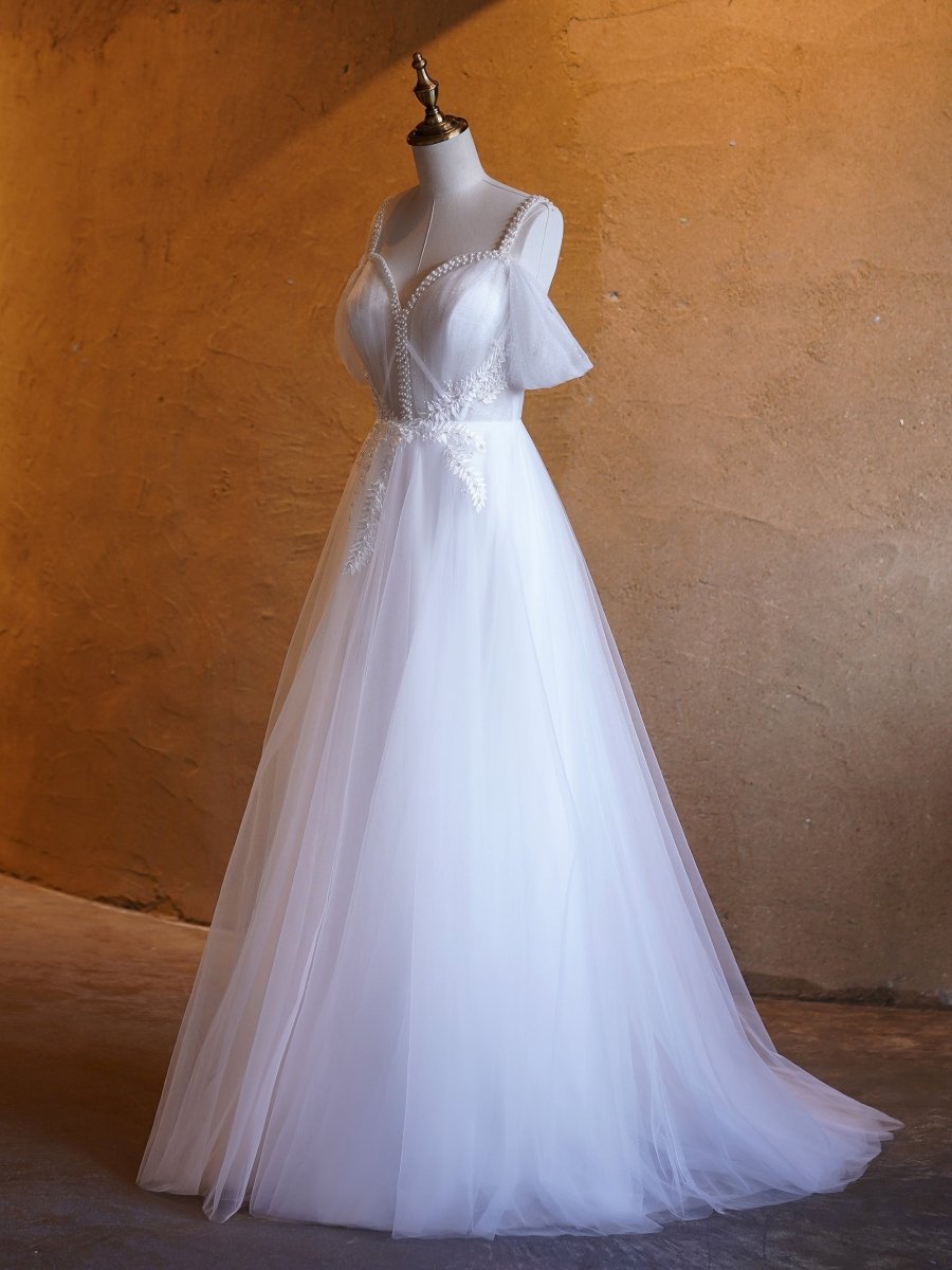 Sevoba|V-neck Pearl Embellished Floor Length Prom Dresses