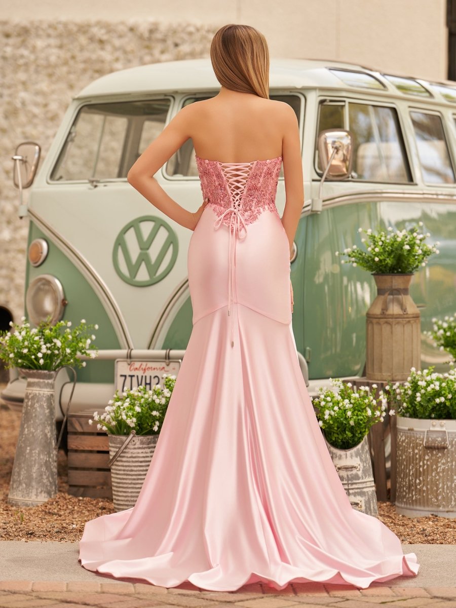 Donya | Mermaid Sweetheart Lace Satin Black Prom Dress with Slit