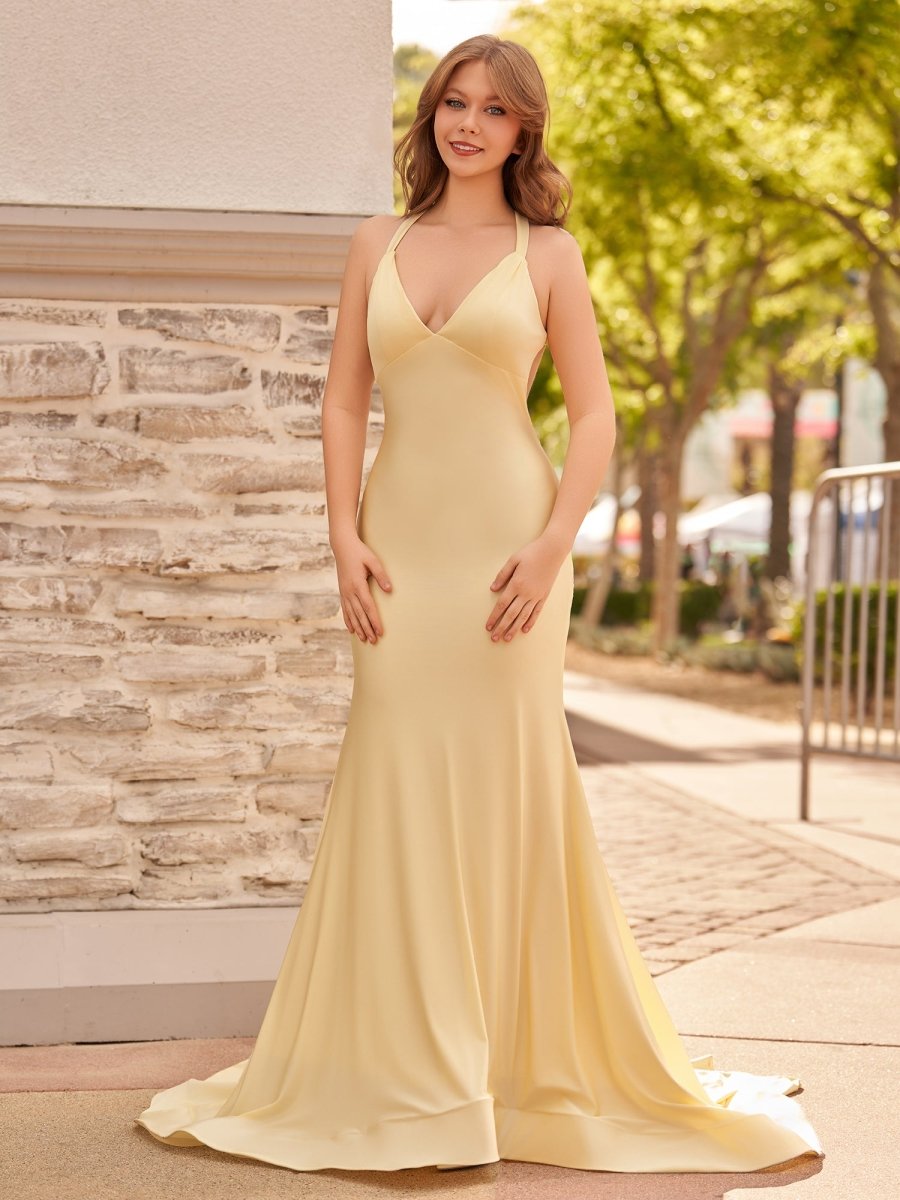 Quaylee | Yellow Mermaid V-Neck Satin Prom Dresses With Tail Evening Dress
