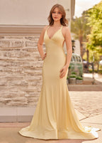 Quaylee | Yellow Mermaid V-Neck Satin Prom Dresses With Tail Evening Dress
