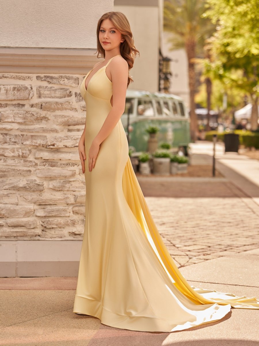 Quaylee | Yellow Mermaid V-Neck Satin Prom Dresses With Tail Evening Dress