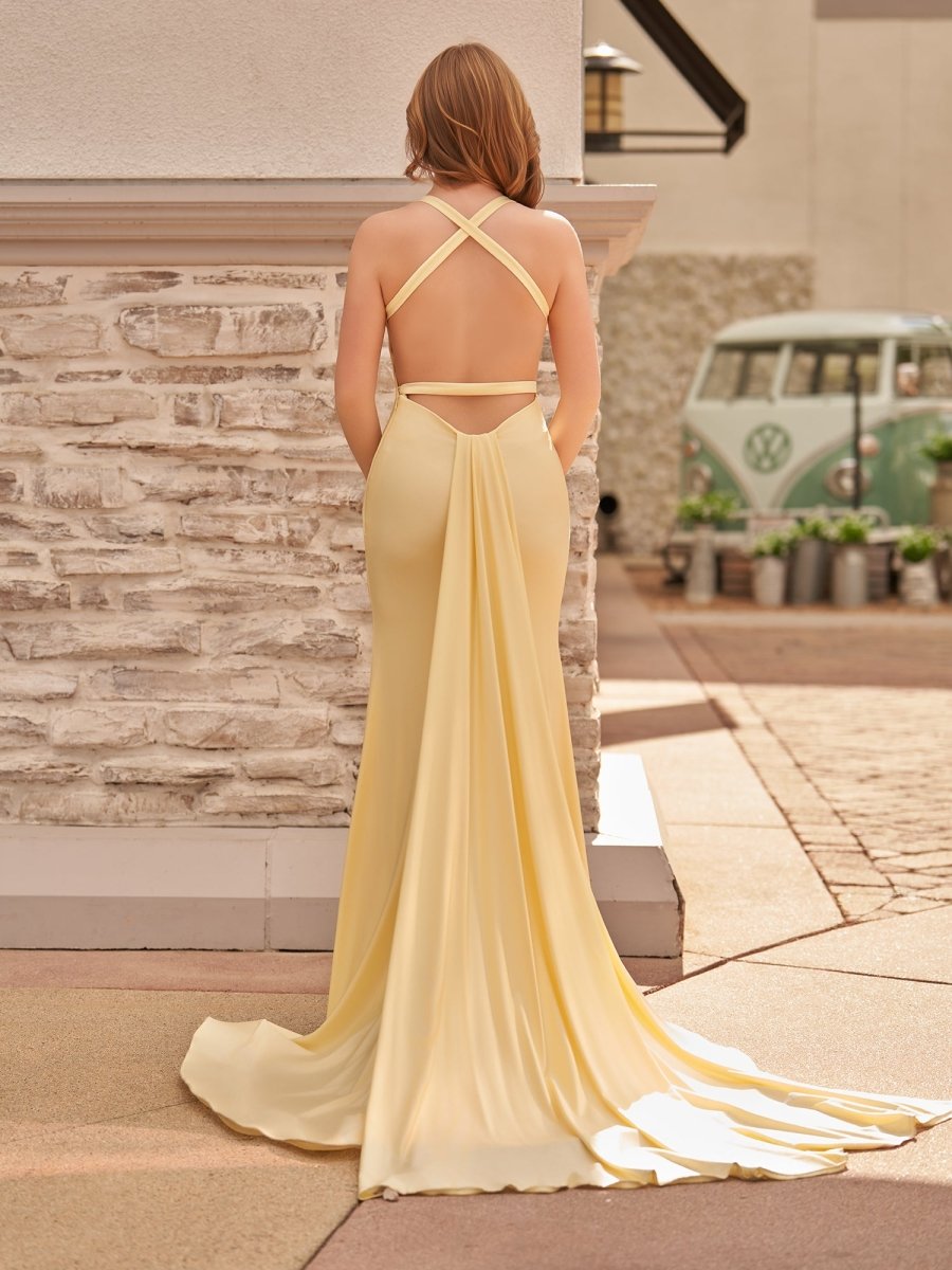 Quaylee | Yellow Mermaid V-Neck Satin Prom Dresses With Tail Evening Dress