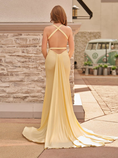 Quaylee | Yellow Mermaid V-Neck Satin Prom Dresses With Tail Evening Dress