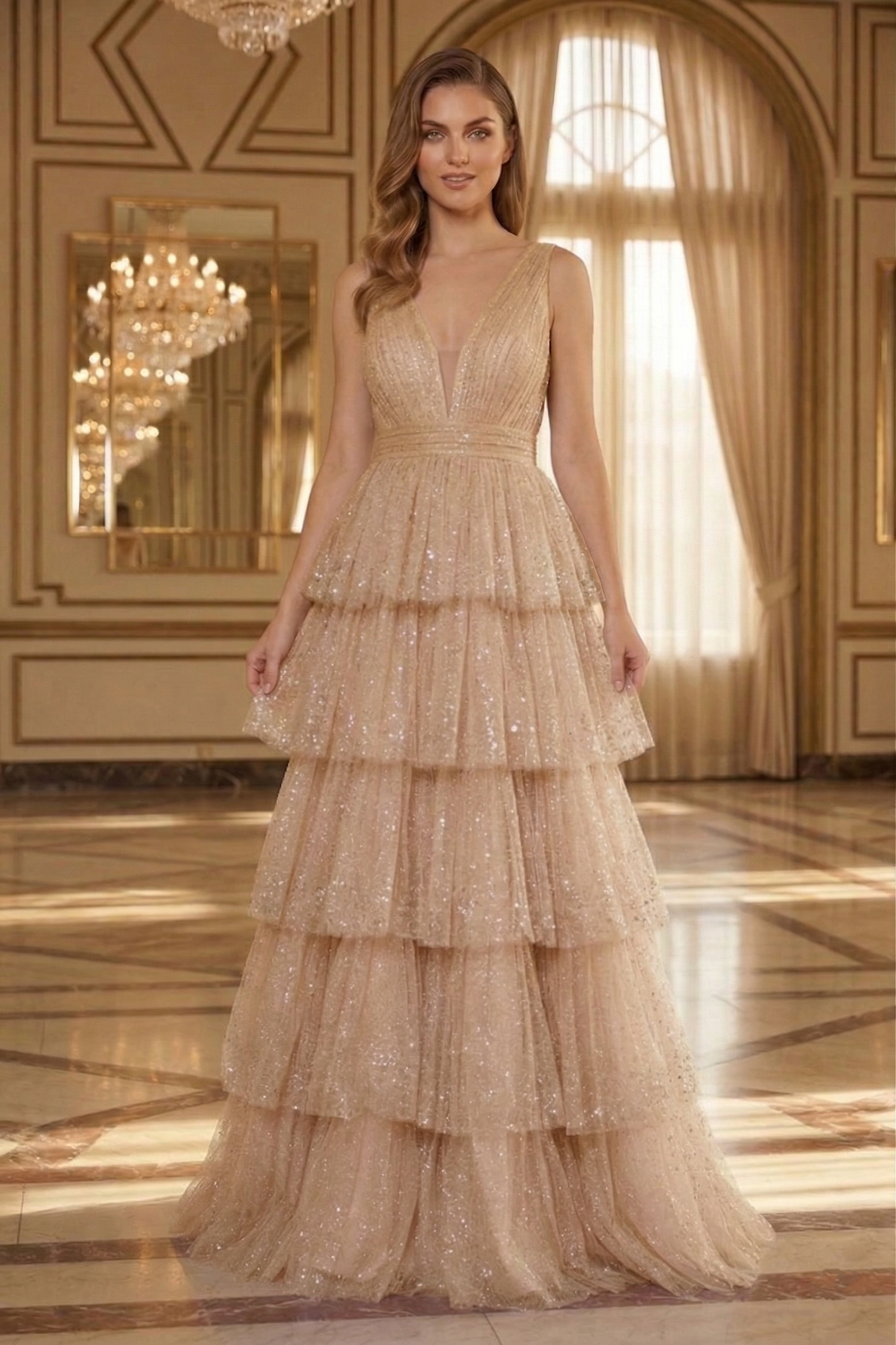 Deep V-Neck Glitter Tulle Tiered A-Line Prom Dress with Low V Back | Sevoba