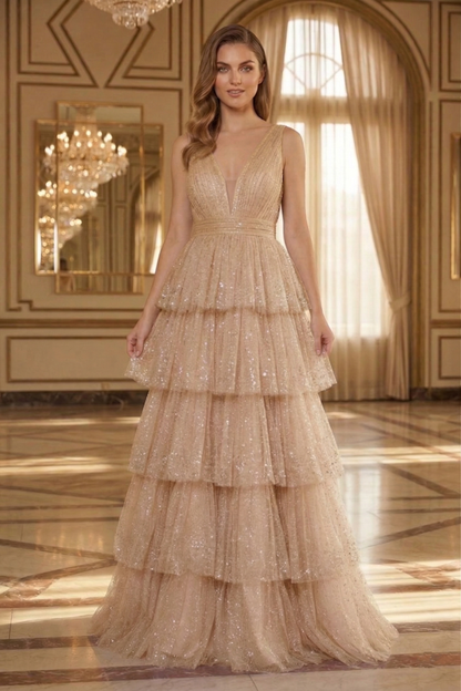Deep V-Neck Glitter Tulle Tiered A-Line Prom Dress with Low V Back | Sevoba